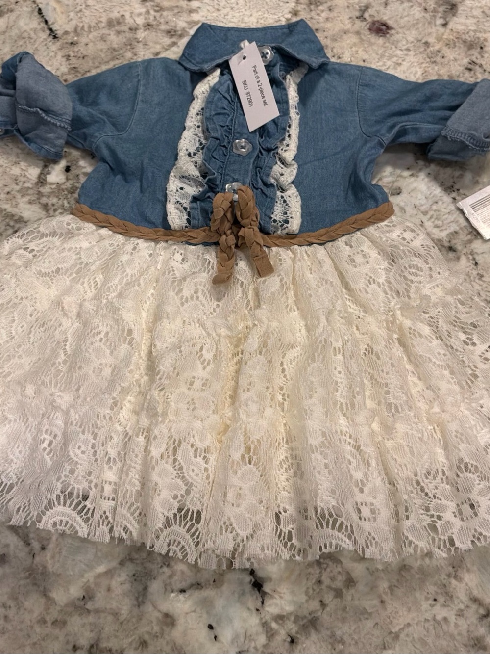 Little Lass Blue Denim and lace Dress with Cream Lace Skirt and Tan Braided Belt